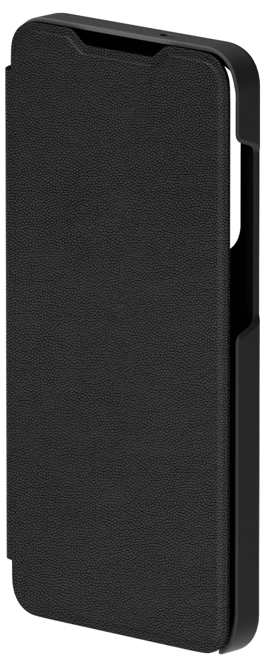 Schwarze Smartphone-Hülle aufrecht stehend, die ihre strukturierte Oberfläche und präzise Aussparungen für Anschlüsse und Tasten zeigt.