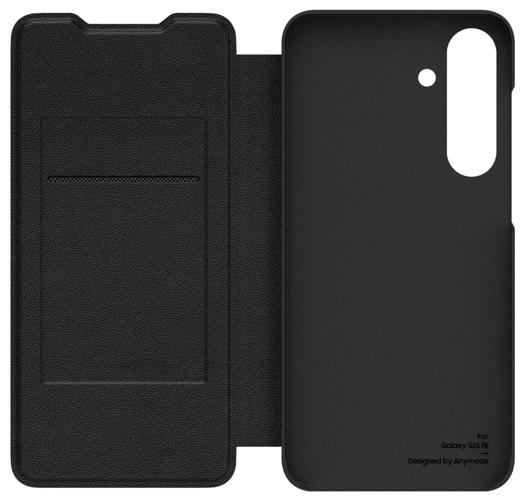 Eine schwarze Smartphone-Hülle mit einem Kartenfach, entwickelt für das Galaxy S23 FE. Der Text lautet: 