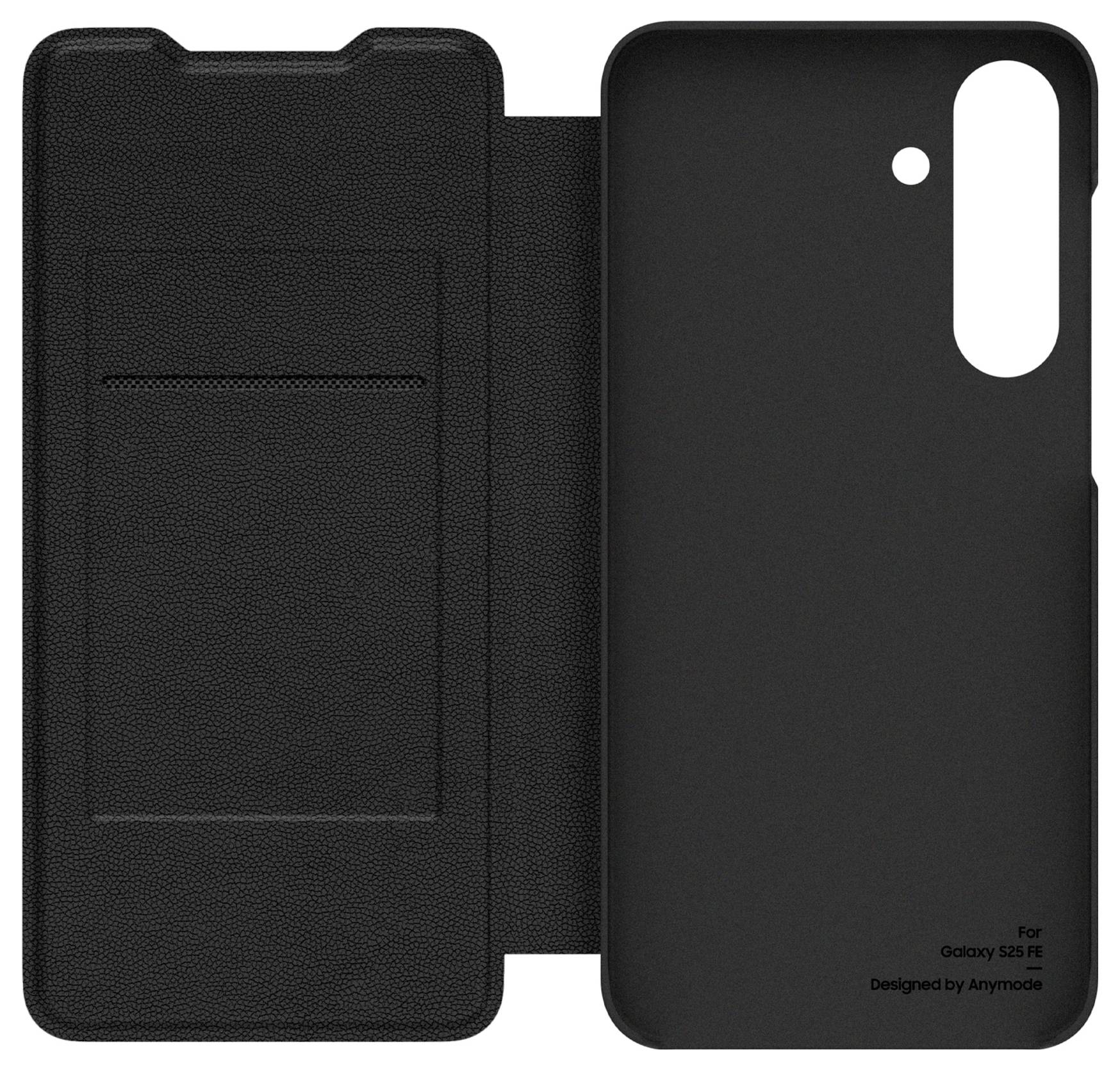 Eine offene schwarze Handyhülle mit einem Kartenfach im Inneren, entwickelt für das Galaxy S21 FE von Anymode.