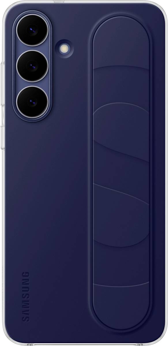 Ein dunkelblauer Smartphone-Hülle mit einem strukturierten Griffstreifen und drei kreisrunden Kameraobjektiven, die vertikal auf der Rückseite angeordnet sind.