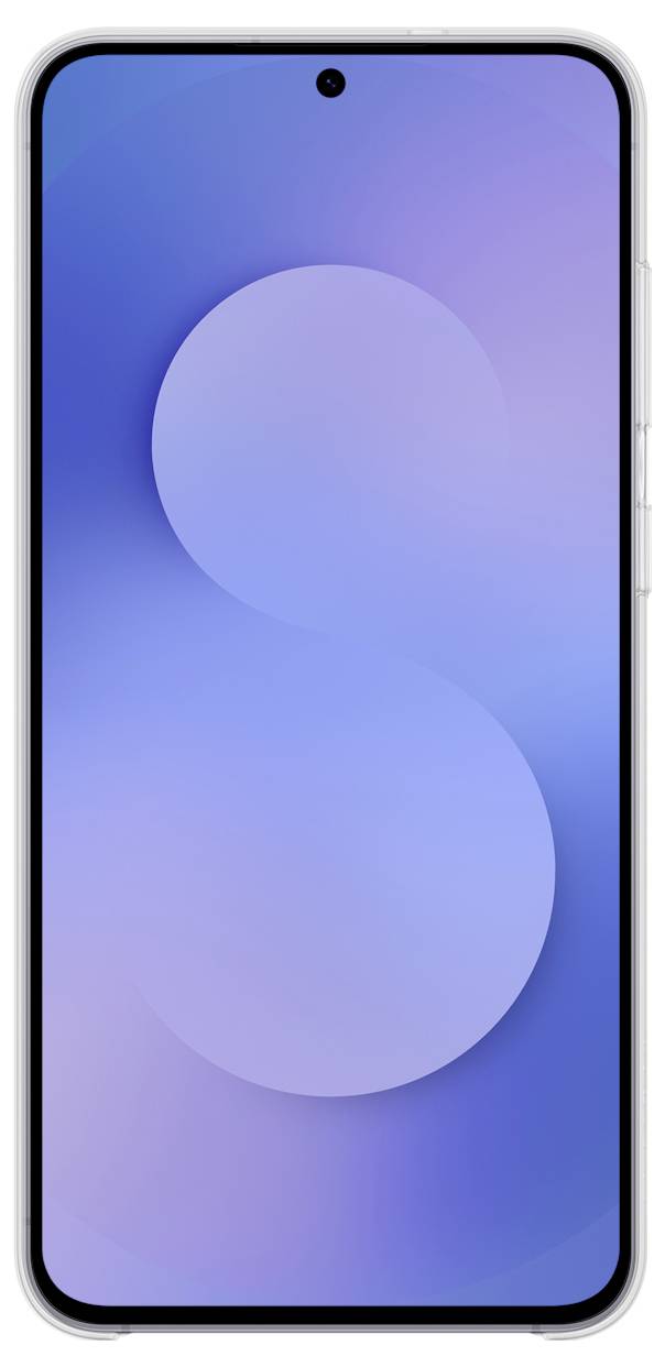 Ein Smartphone mit einer helllavendelfarbenen abstrakten 'S'-Form auf dem Bildschirm, die das Display-Design und die Ästhetik andeutet.