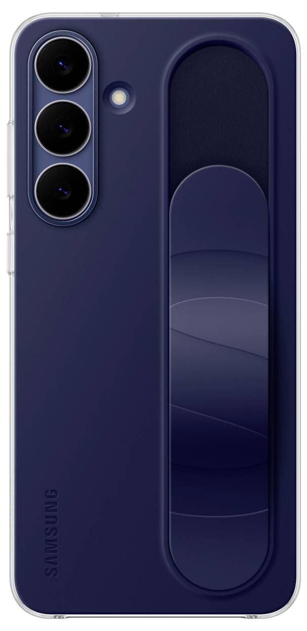 Ein dunkelblauer Smartphone-Gehäuse mit integriertem Griff und drei Kameraausschnitten für ein Samsung-Gerät.