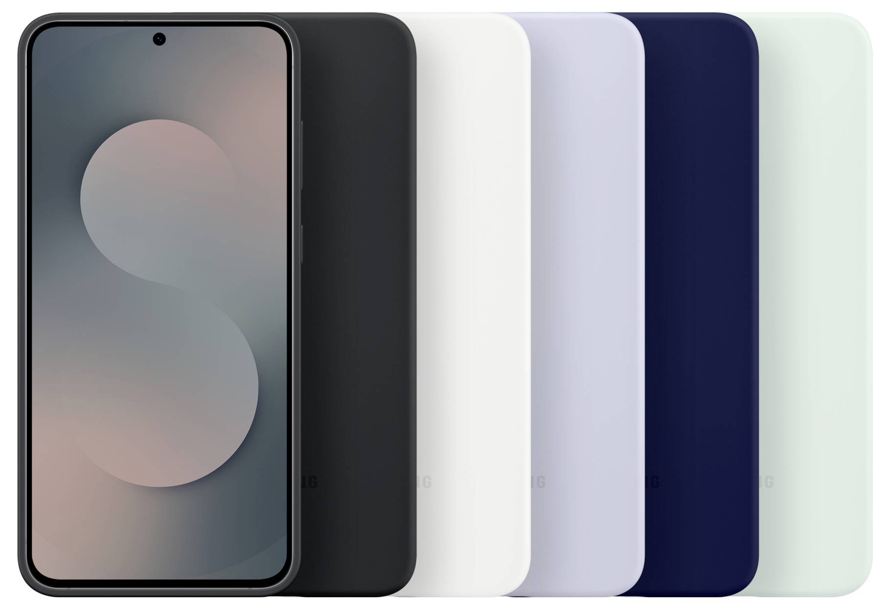 Ein Smartphone mit einem großen 'S' auf dem Bildschirm, das neben vier Hüllen in den Farben Schwarz, Weiß, Hellblau und Marineblau platziert ist und verschiedene Farboptionen präsentiert.