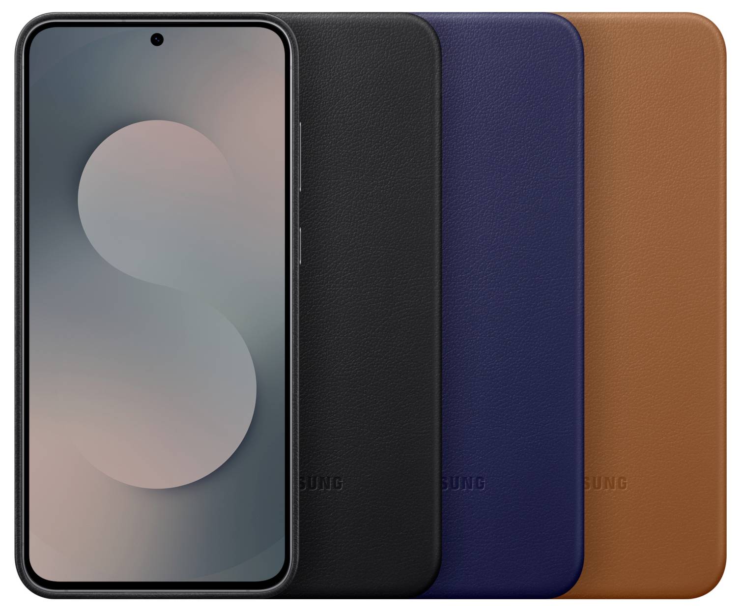 Ein Smartphone mit einem großen Bildschirm, auf dem ein stilisiertes 'S' zu sehen ist, wird zusammen mit schwarzen, marineblau und braunen Stoffhüllen präsentiert.