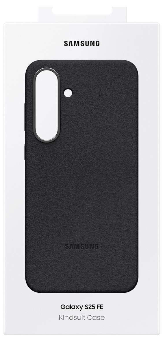 Samsung Galaxy S25 FE Kindsuit Hülle zeigt auf der Verpackung ein schwarzes Handyetui, das seine Markenidentität und sein elegantes Design hervorhebt.