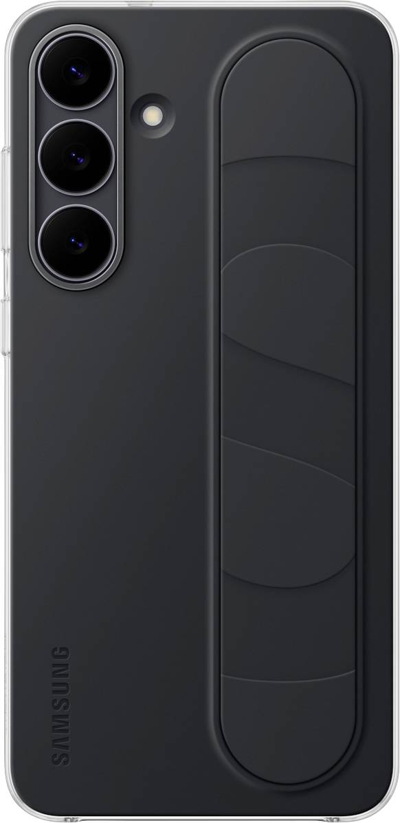 Ein schwarzes Smartphone mit dreifacher Kameralinse und einem einzigartigen strukturierten Design auf der Rückseite.