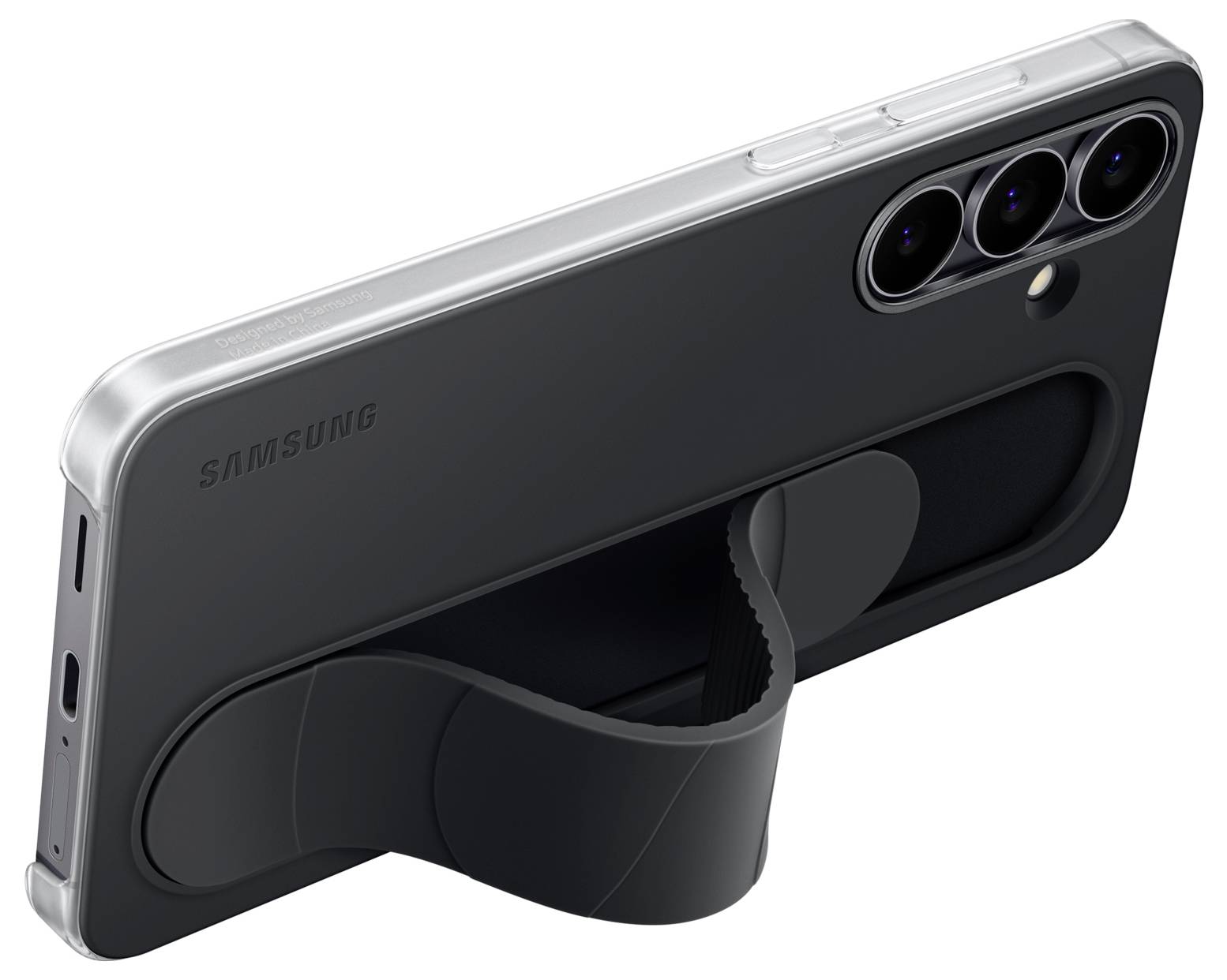 Ein Smartphone mit einem grauen Gehäuse, das einen Riemen auf der Rückseite für einen einfachen Halt aufweist. Das Gerät verfügt über drei Kameraobjektive und ein schlankes Design.