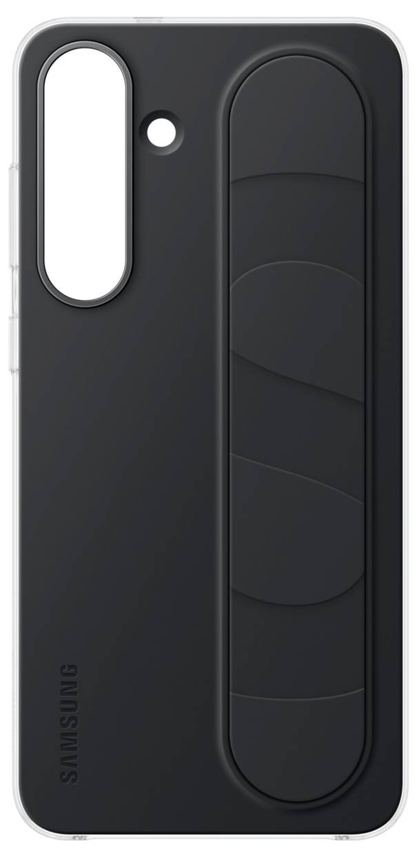 Eine schwarze Samsung-Handyhülle mit Ständer und Kameraausschnitt.