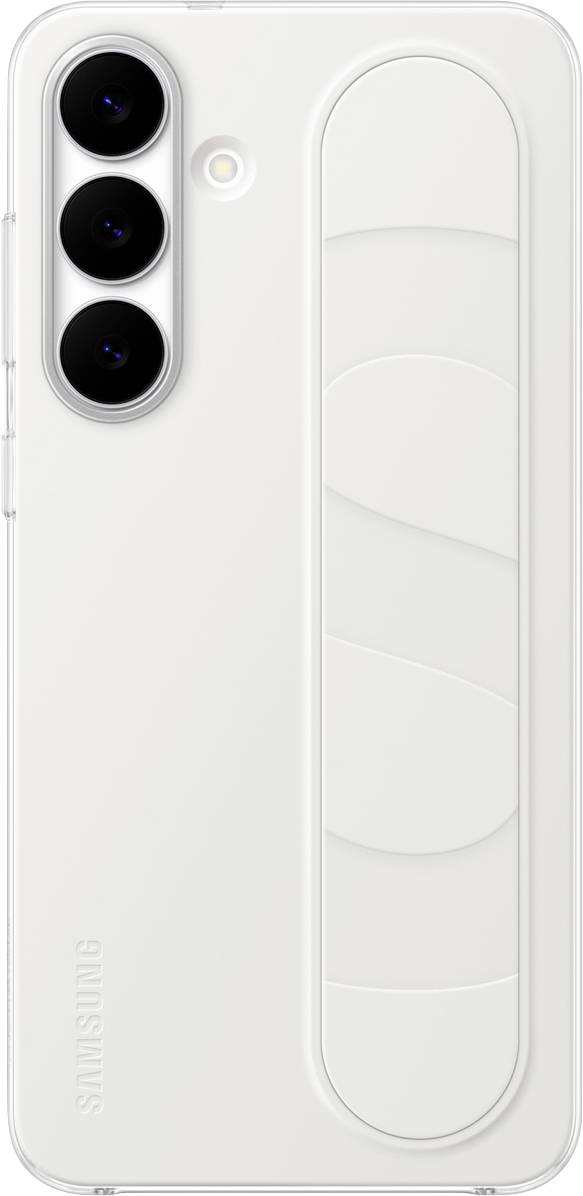 Ein weißes Smartphone mit drei Rückkameras und einem erhöhten Griffdesign auf der Rückseite.