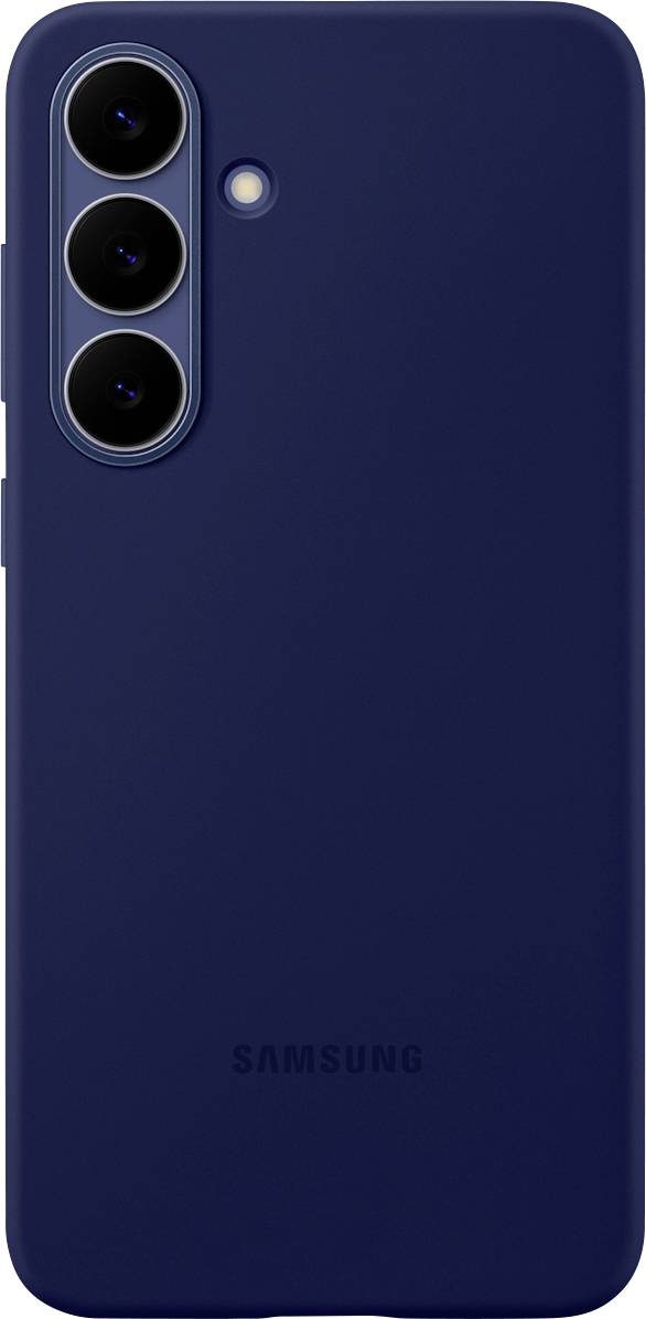 Ein marineblauer Smartphone mit drei Rückkameras und einem Blitz, mit minimaler Beschriftung auf der Rückseite.