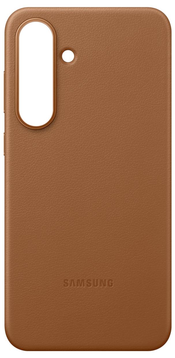 Braune Lederhülle für Samsung mit Kameraausschnitt und geprägter Markenkennung.