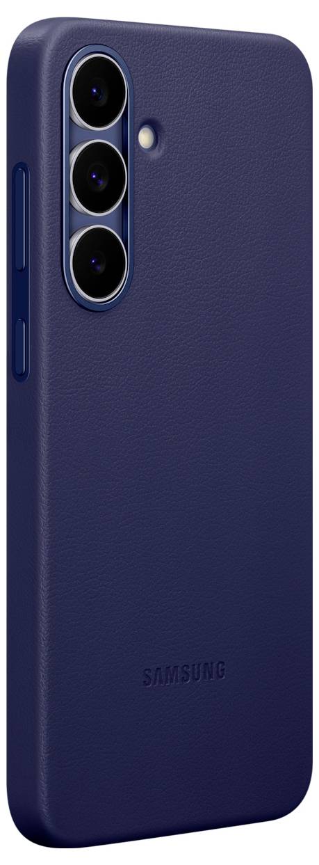 Eine dunkelblaue Samsung Smartphone-Hülle mit dreifachem Kameraausschnitt und Samsung-Logo.