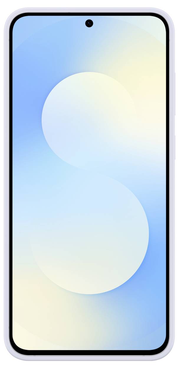 Ein Smartphone mit einem Vollbilddisplay und einer Frontkamera im oberen Zentrum. Der Bildschirm zeigt ein blaues und weißes abstraktes Design.