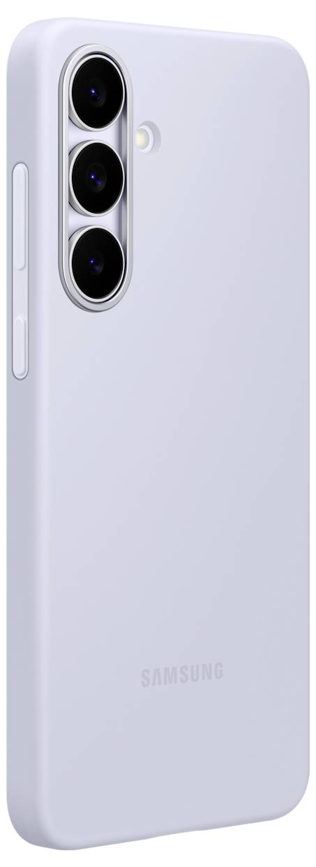 Ein schlankes, hellgraues Smartphone mit einer Triple-Lens-Kamera-Anordnung auf der Rückseite und dem Samsung-Logo in der Nähe des unteren Randes.