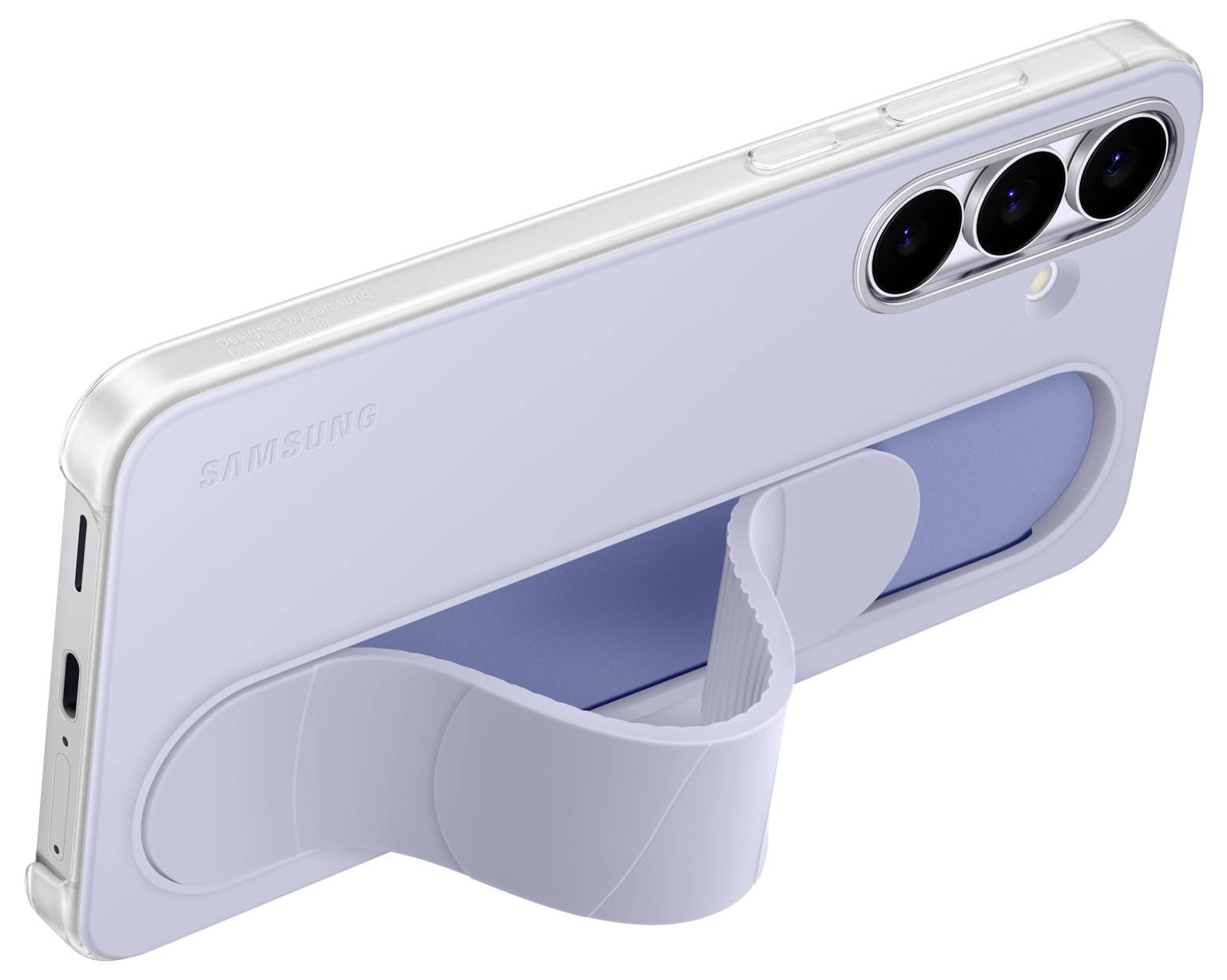 Ein weißes Smartphone mit einem blauen Ständer, der an seiner Rückseite befestigt ist, das drei Rückkameras und einen USB-C-Ladeanschluss zeigt.