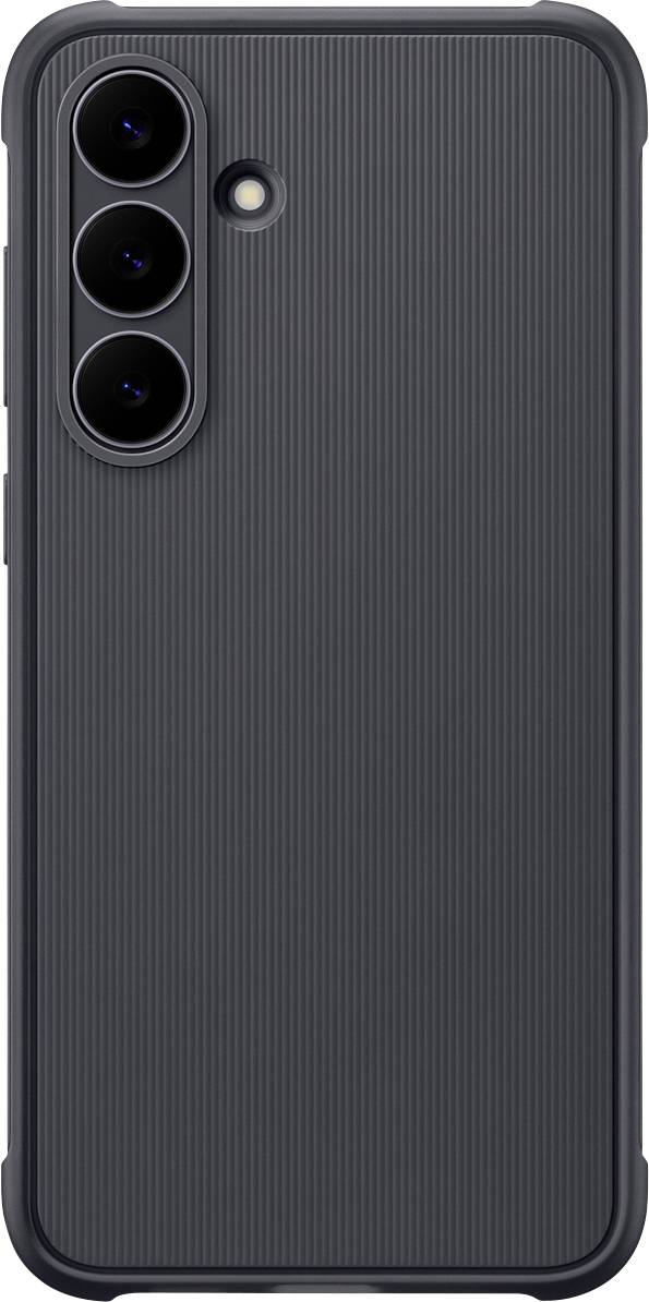 Rückansicht eines schwarzen Smartphones in einer Schutzhülle mit drei Rückkameras und einem Blitz. Die Hülle hat eine strukturierte, gerippte Oberfläche.