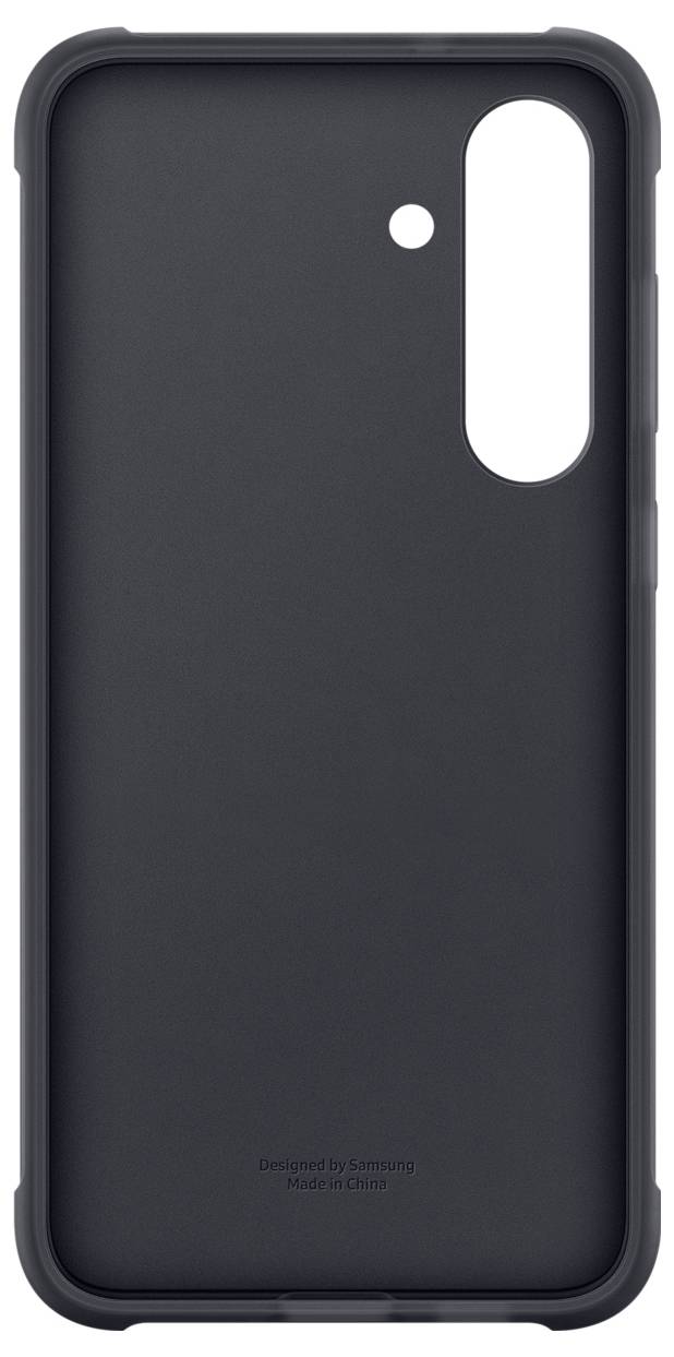 Eine schwarze Smartphone-Hülle mit einer Kameraausschnitt und einer kleinen kreisförmigen Öffnung darüber, die für ein bestimmtes Telefonmodell konzipiert ist.