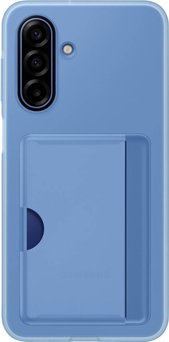 Blaue Smartphone-Hülle mit integriertem Kartenhalter auf der Rückseite, ausgestattet mit drei Kameraöffnungen und einem Blitz darüber.