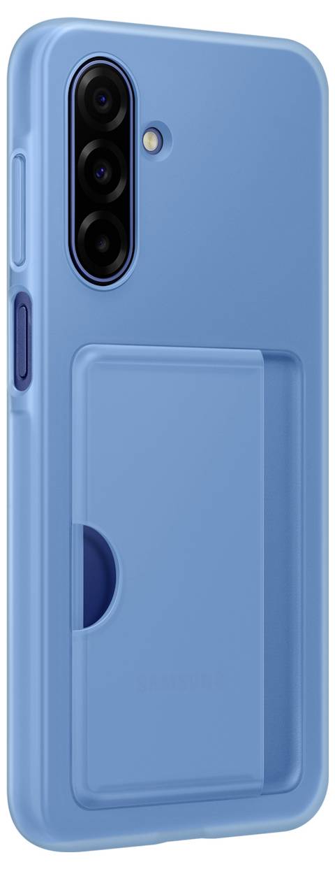 Eine blaue Smartphone-Hülle mit einem Kartenfach, entwickelt für ein Samsung-Handy. Die Hülle verfügt über präzise Ausschnitte für Kamera und Bedienelemente.