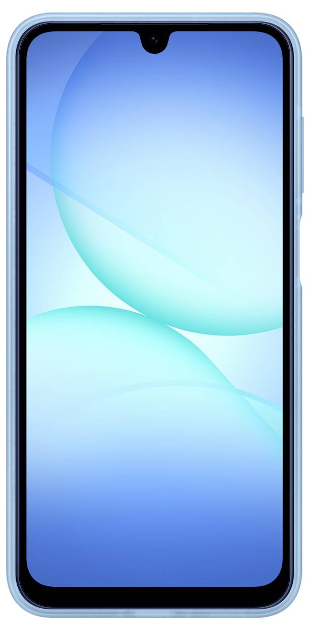 Ein Smartphone mit einer hellblauen Hülle, das auf dem Bildschirm ein blaues abstraktes Kreisdesign zeigt.