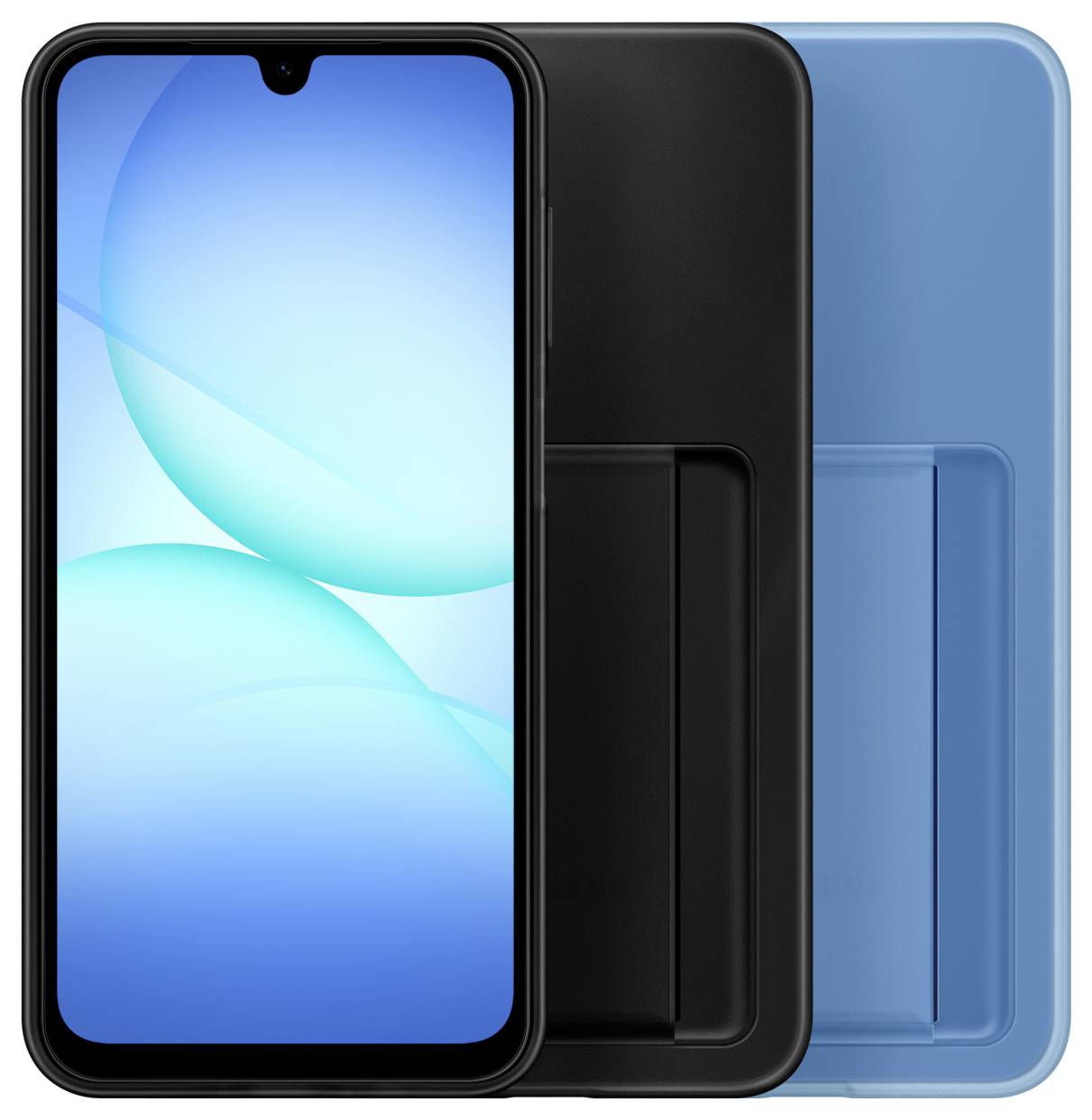 Ein Smartphone mit einem blauen Bildschirm wird neben einem schwarzen und einem blauen Handyetui präsentiert.