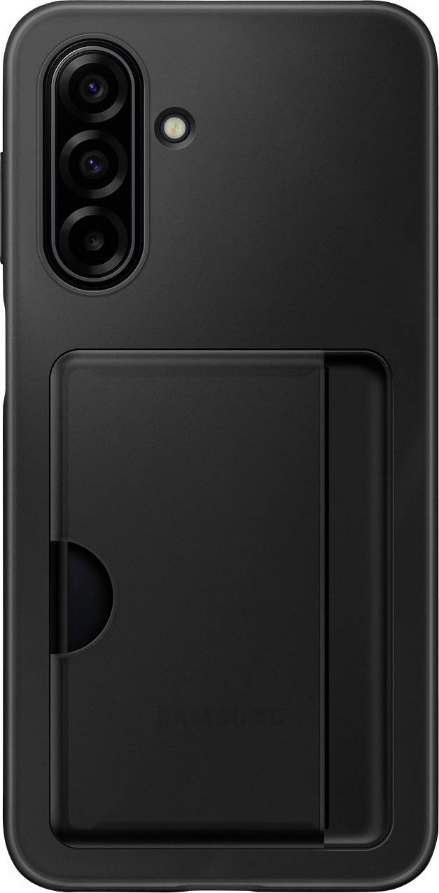 Ein schwarzes Smartphone mit drei Rückkameras und einer Schutzhülle mit einem ausziehbaren Kartenhalter auf der Rückseite.