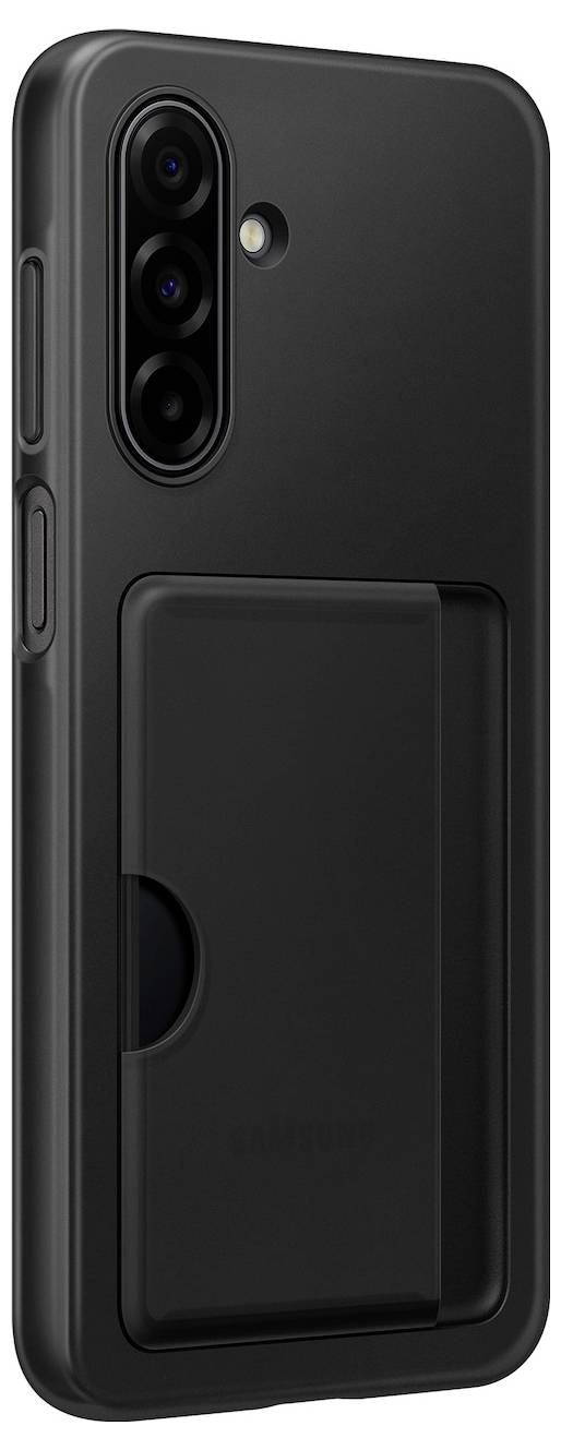 Ein schwarzes Smartphone mit einer Schutzhülle, die einen ausziehbaren Kartenhalter auf der Rückseite hat, von hinten und leicht nach links versetzt gezeigt.