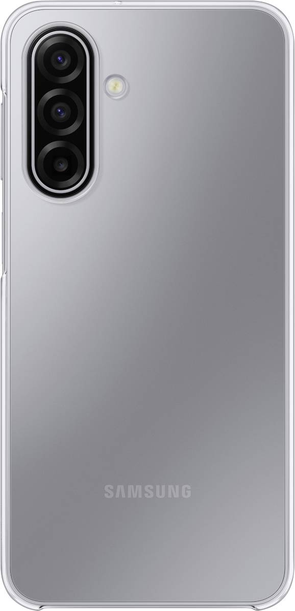 Ein silbernes Smartphone mit einer Dreifach-Objektiv-Kamera und Blitz auf der Rückseite, mit dem Samsung-Logo am unteren Rand.