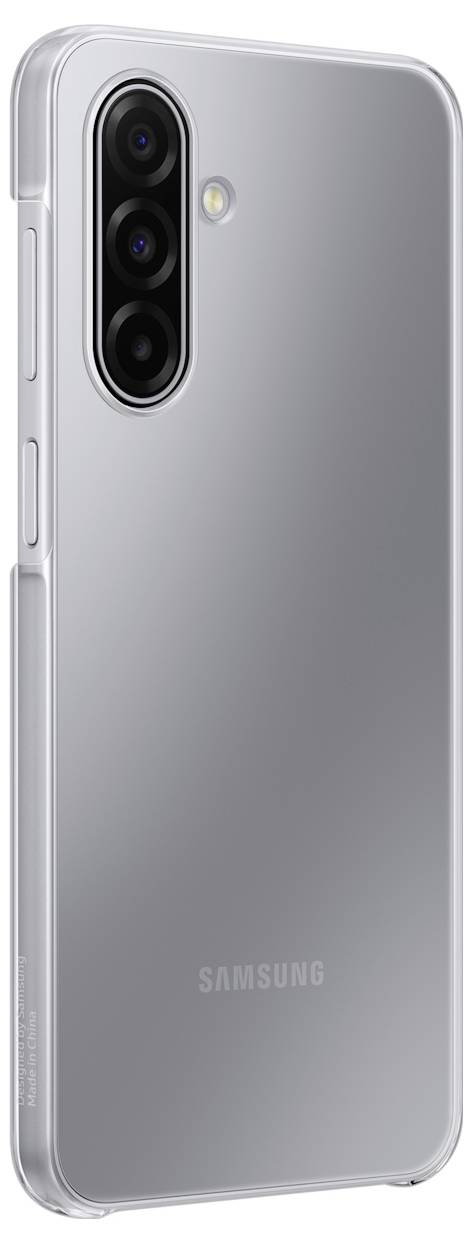 Silbernes Smartphone mit drei Rückkameras und Samsung-Logo.