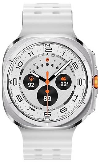 Silberne Smartwatch mit rundem Zifferblatt, die Zeit, Datum, Herzfrequenz (92), Wetter (23°C) und Schrittzahl (3.457) auf einem weißen Armband anzeigt.