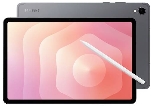 Samsung Galaxy Tab S9 FE verfügt über ein schlankes Design mit einem Stylus. Der Bildschirm zeigt ein Farbverlaufsmuster in Rosa mit abstrakten Elementen.