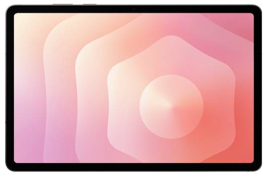 Ein Tablet mit einem Verlaufsbildschirm, der abstrakte, konzentrische Formen in Rosa- und Pfirsichtönen zeigt.