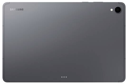 Rückansicht eines Samsung-Tablets in Dunkelgrau, mit einer einzelnen Rückkamera in der oberen rechten Ecke und einem schlanken, minimalistischen Design.
