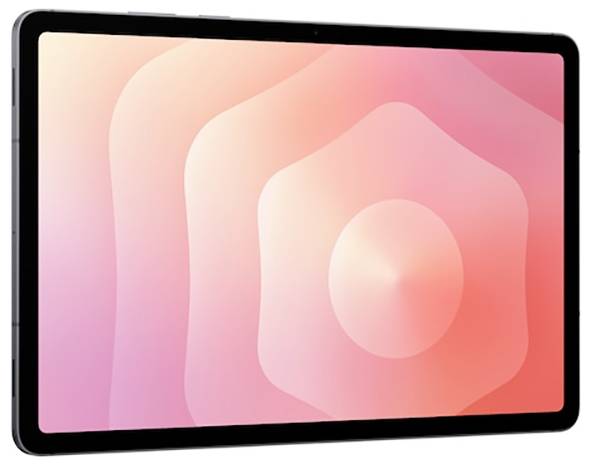 Ein Tablet mit einem pastell rosa-orangefarbenen Bildschirm, der abstrakte Wellenmuster zeigt.