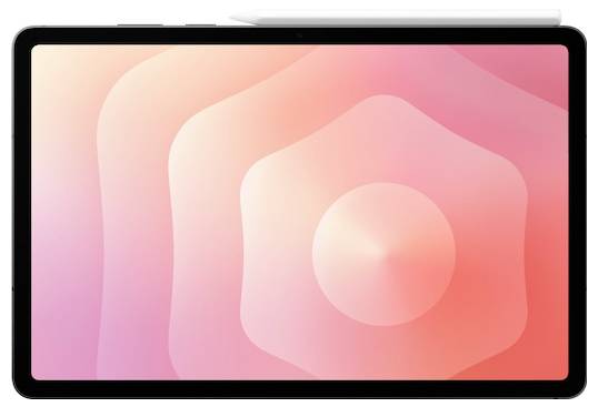 Ein Tablet mit einem digitalen Stift, der darauf liegt und einen abstrakten Muster in Rosa und Orange auf seinem Bildschirm zeigt.