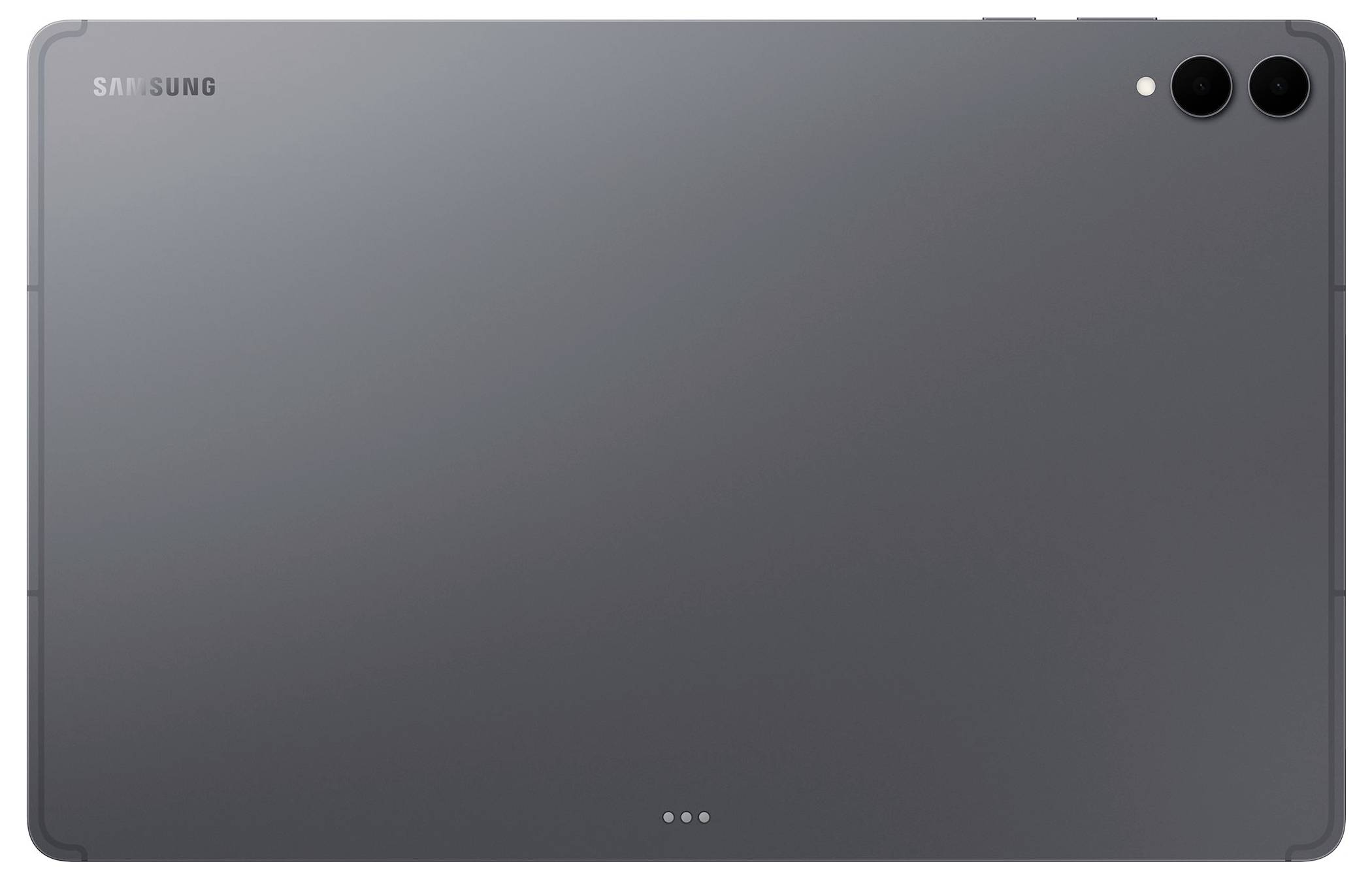 Rückansicht eines dunkelgrauen Samsung-Tablets mit Dual-Kameras in der oberen rechten Ecke.