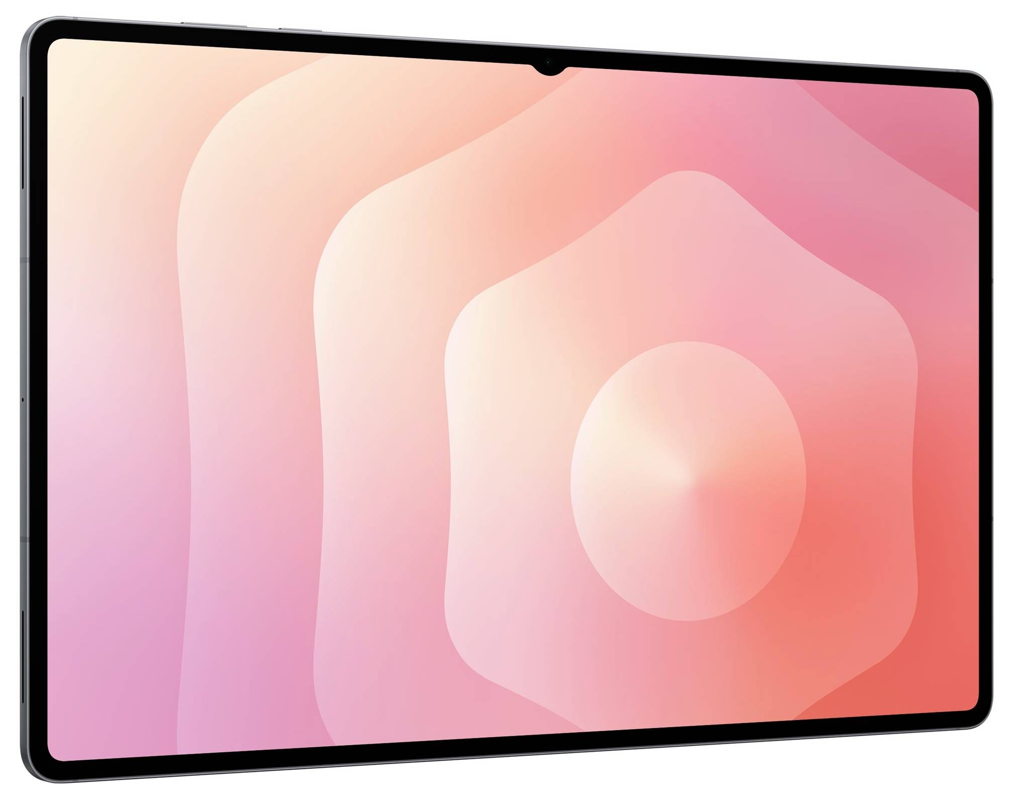 Ein Tablet mit schmaler Einfassung zeigt ein abstraktes Muster in Rosa mit konzentrischen Kreisen, die ein Gefühl von Tiefe vermitteln.