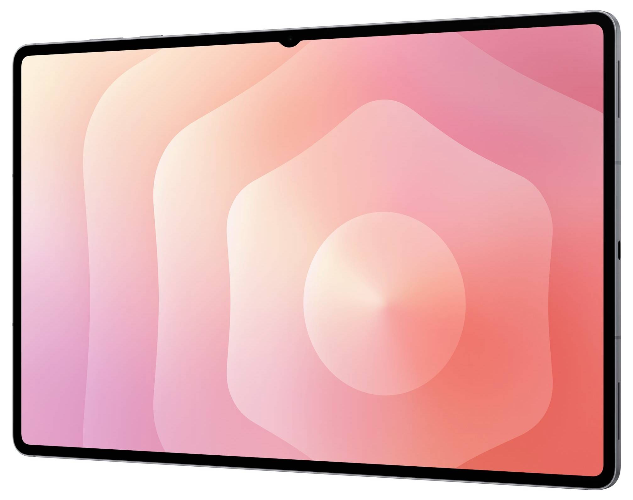 Ein Tablet mit einem großen Display, das ein rosa Verlaufsdesign mit geschichteten, weichen kreisförmigen Mustern zeigt, aus einem leicht geneigten Blickwinkel betrachtet.