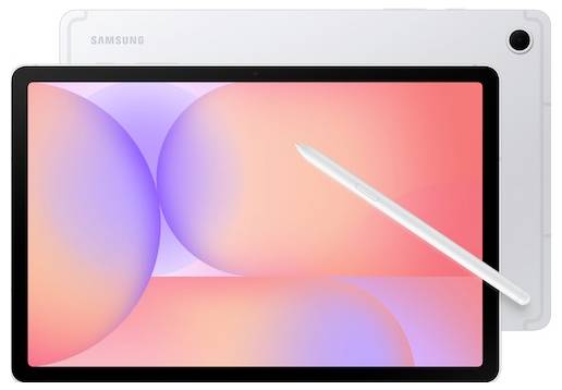 Frontansicht eines Samsung-Tablets mit einem lebhaften, abstrakten rosa und lila Bildschirm, auf dem diagonal ein weißer Stylus platziert ist.