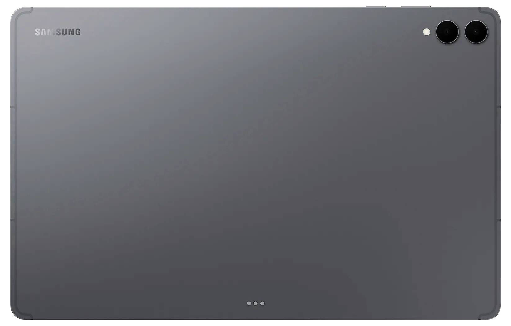 Eine schlanke, graue Samsung-Tablette mit dualen Rückkameras, von hinten betrachtet.