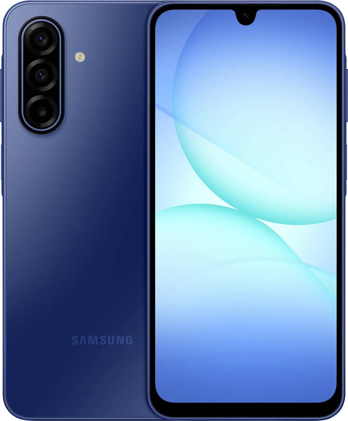 Ein blaues Smartphone mit einer Dreifach-Objektiv-Kamera auf der Rückseite und einem Bildschirm, der blaue abstrakte Grafiken zeigt, präsentiert sein elegantes Design.