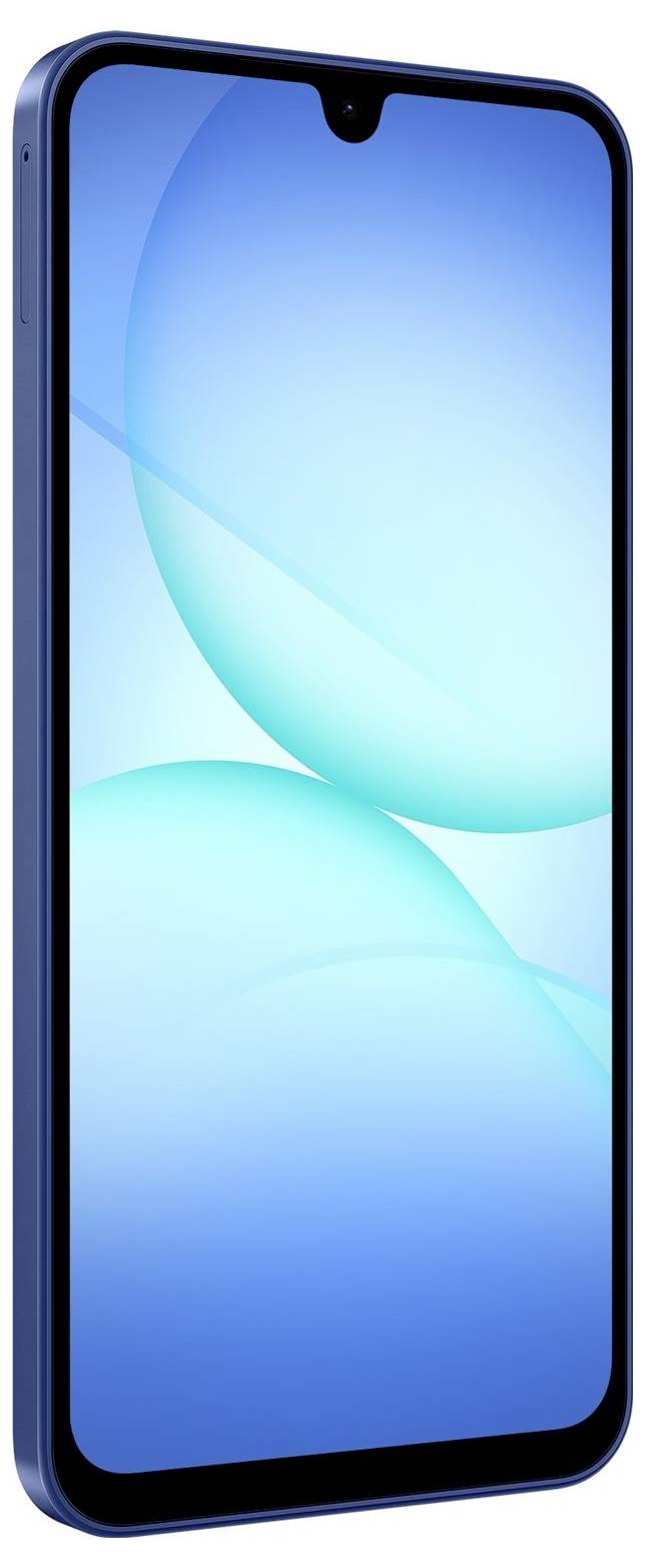 Ein Smartphone mit einem blauen Verlaufsbildschirm und einem dünnen Rand, das ein minimalistisches Design präsentiert.