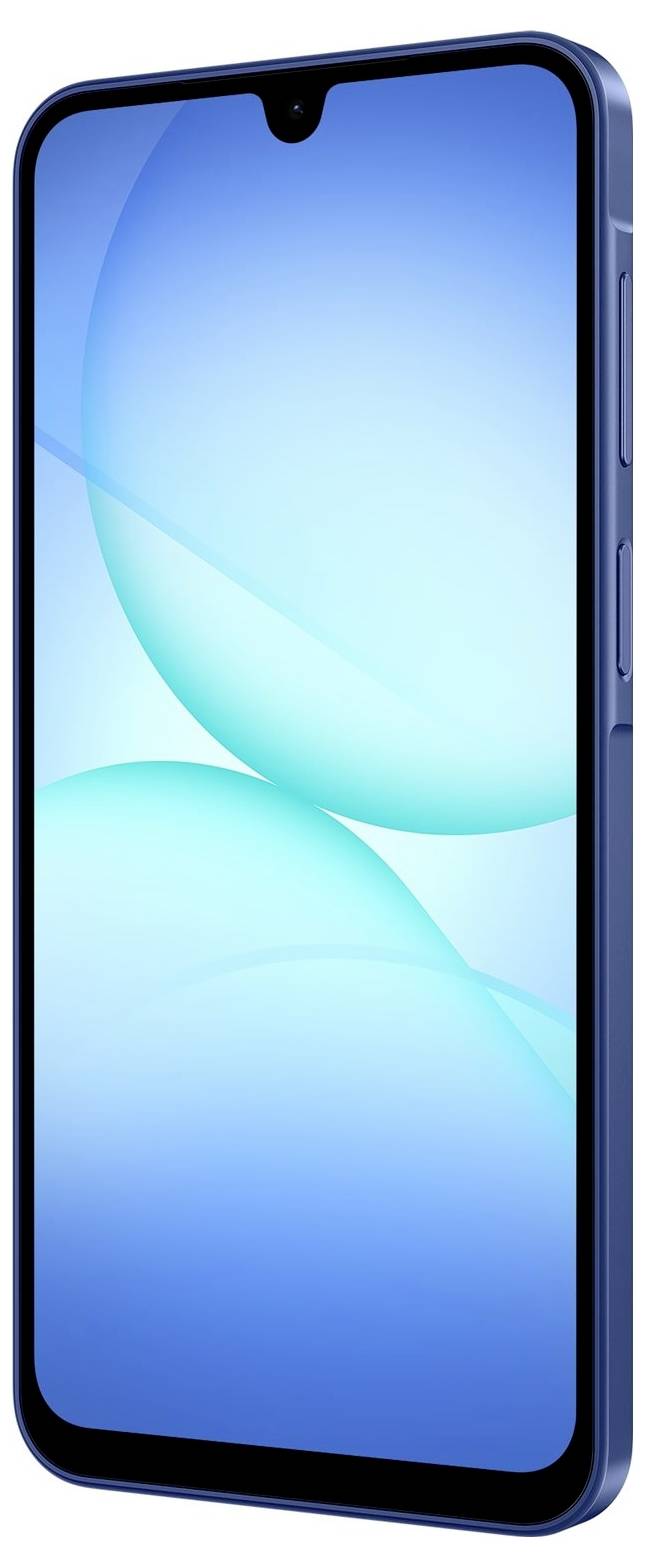 Ein schlankes Smartphone mit einem blauen Verlaufsbildschirm, dünnen Rändern und einer Frontkamera-Notch, von einer schrägen Perspektive aus betrachtet.