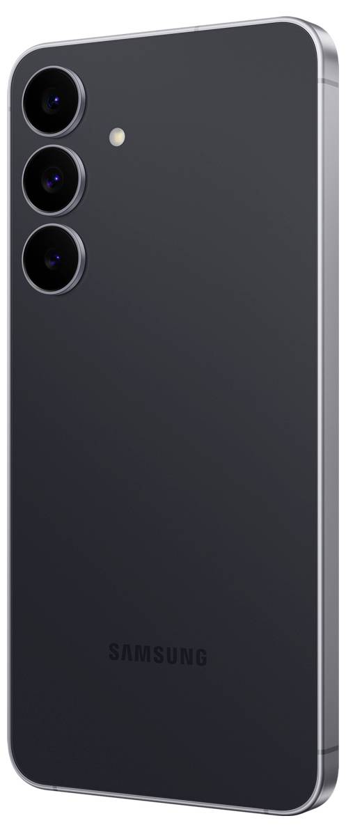 Ein schlankes schwarzes Smartphone mit drei Rückkameras und einem LED-Blitz, wobei der Markenname 'Samsung' am unteren Rand des Rückpanels angebracht ist.