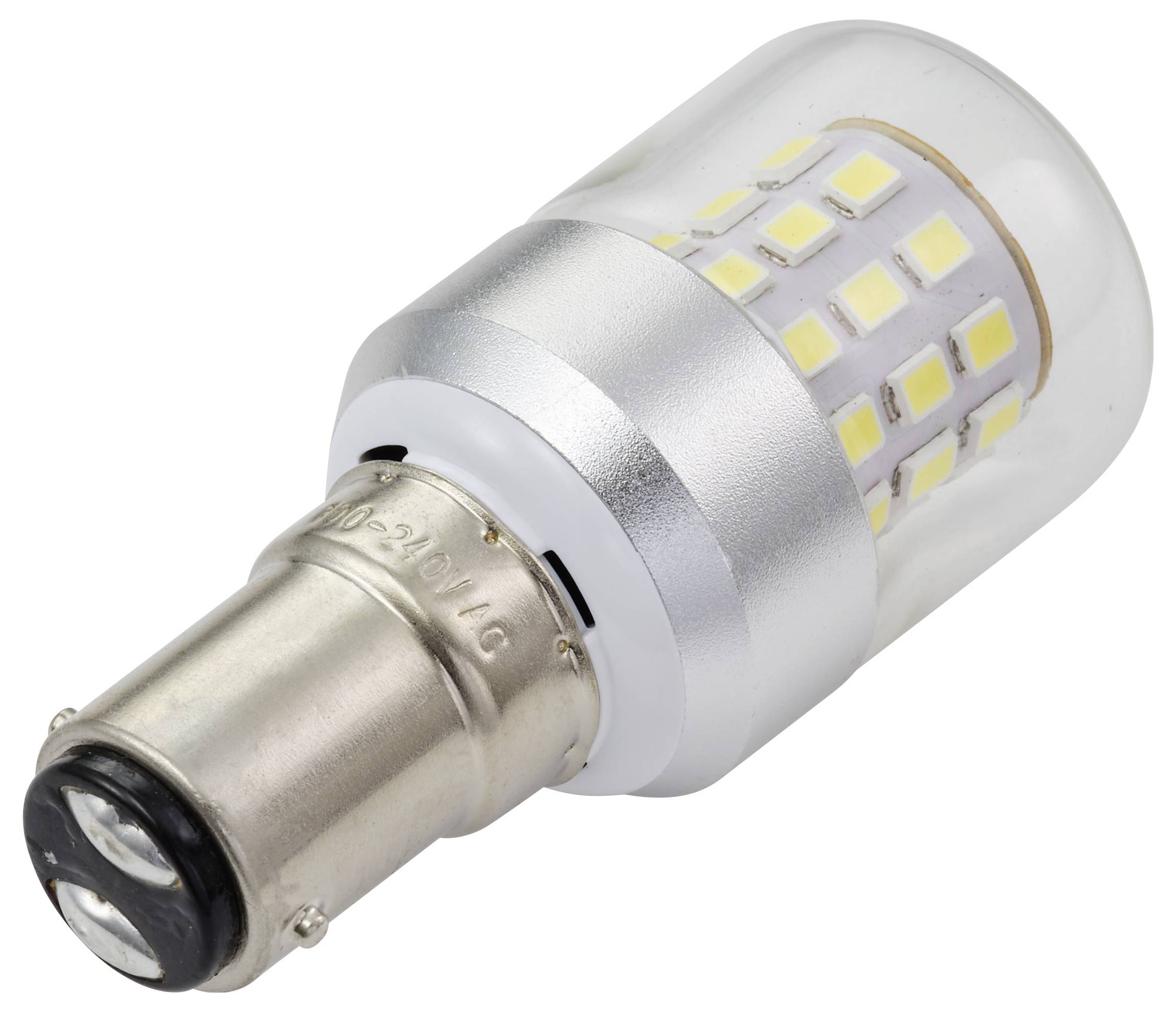 LED-Glühbirne mit metallischer Basis und durchsichtigem Oberteil, die mehrere kleine Leuchtdioden zeigt, die in einem Gitternetzmusters angeordnet sind.