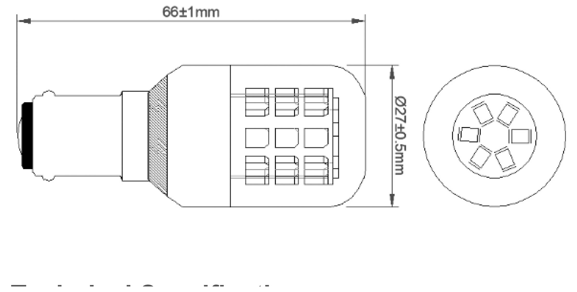 Technische Zeichnung einer LED-Glühbirne mit Abmessungen: Länge 66±1mm und Durchmesser Ø27±0,5mm. Seiten- und Draufsicht dargestellt.