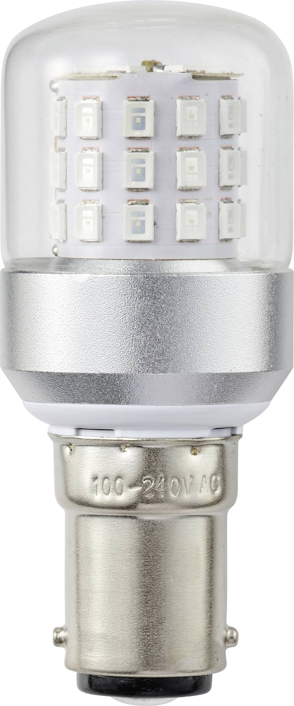 Eine Nahaufnahme einer LED-Glühbirne mit einer Metallfassung, die mit '100-240V AC' gekennzeichnet ist, wobei mehrere kleine LED-Quadrate in einem durchsichtigen Gehäuse zu sehen sind.