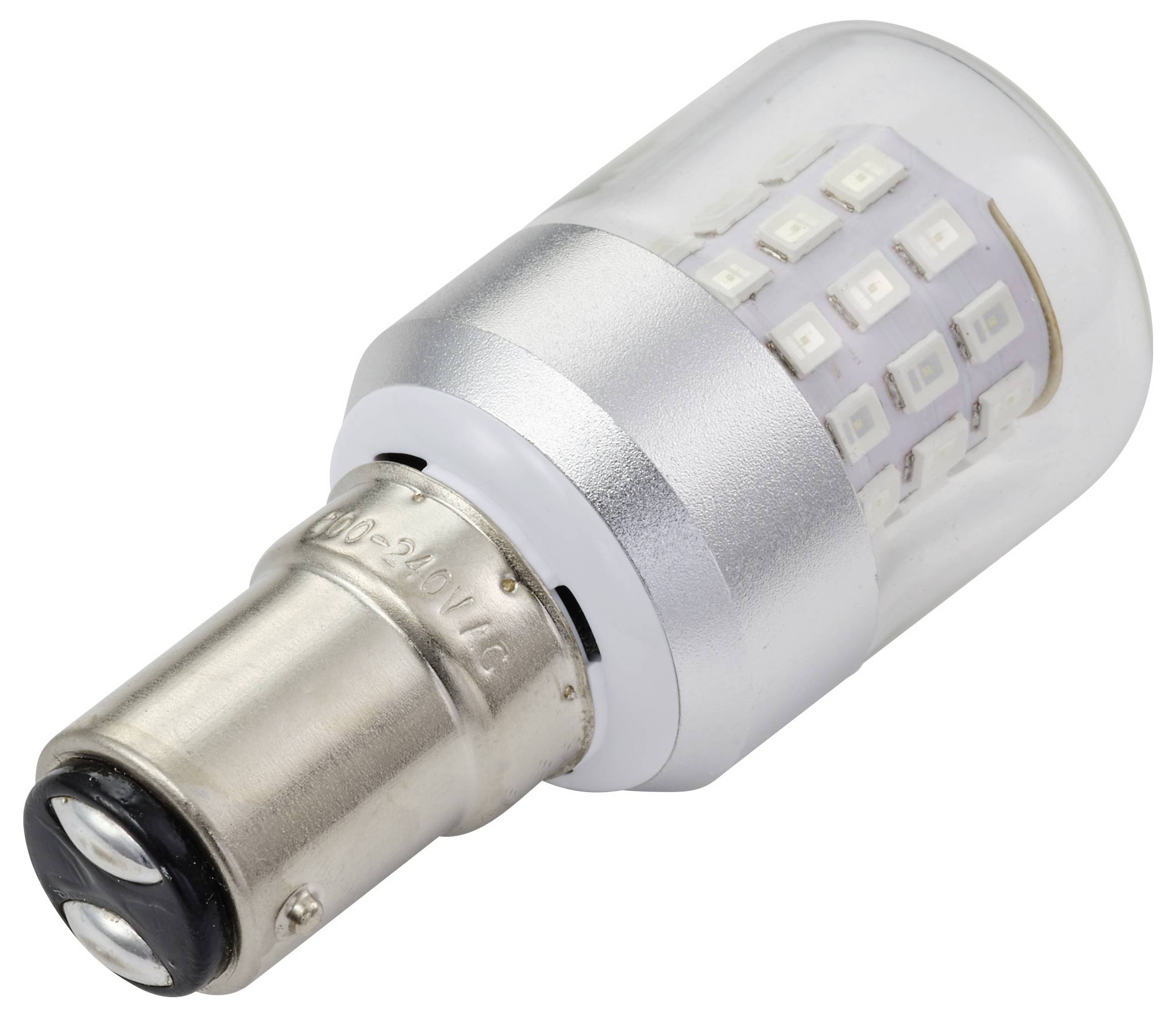 Eine Nahaufnahme einer LED-Autobremsleuchtenbirne mit silberner Basis und mehreren Licht emittierenden Dioden, die in einem durchsichtigen Gehäuse eingeschlossen sind.