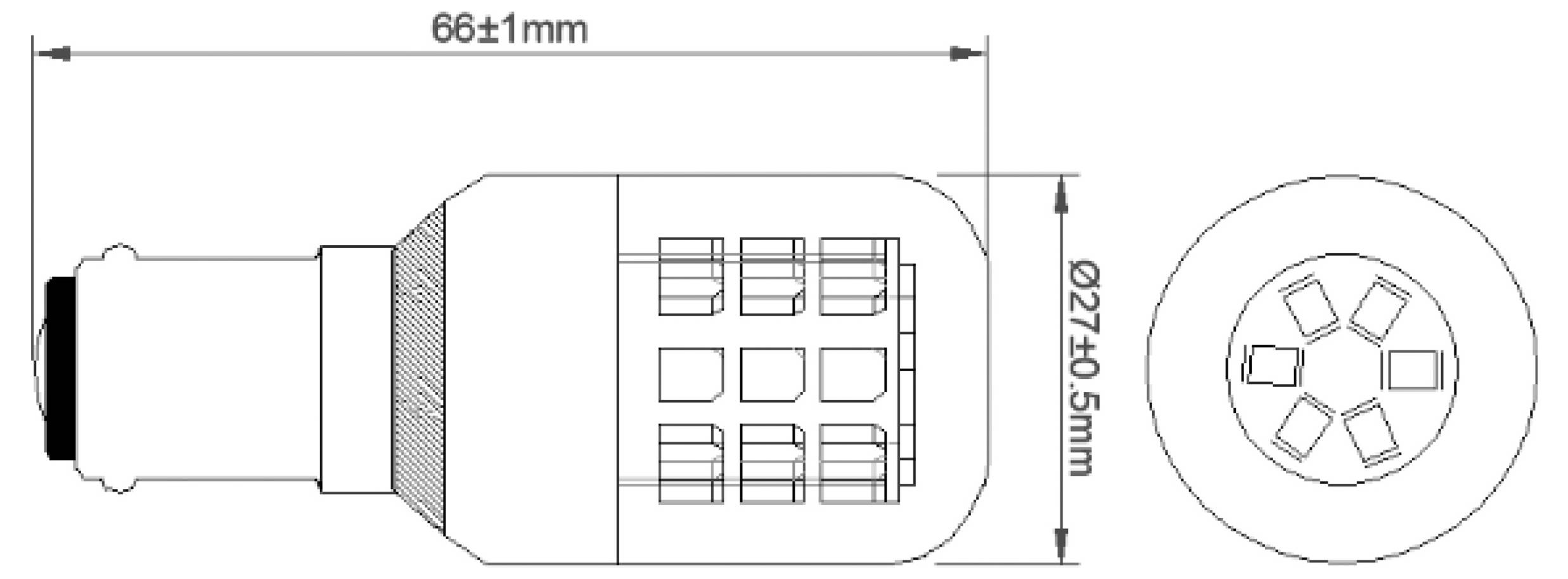 Eine technische Zeichnung einer Glühbirne mit Abmessungen: Länge 68 ± 1 mm, Durchmesser Ø27 ± 0,5 mm. Die Draufsicht zeigt die interne Konfiguration.