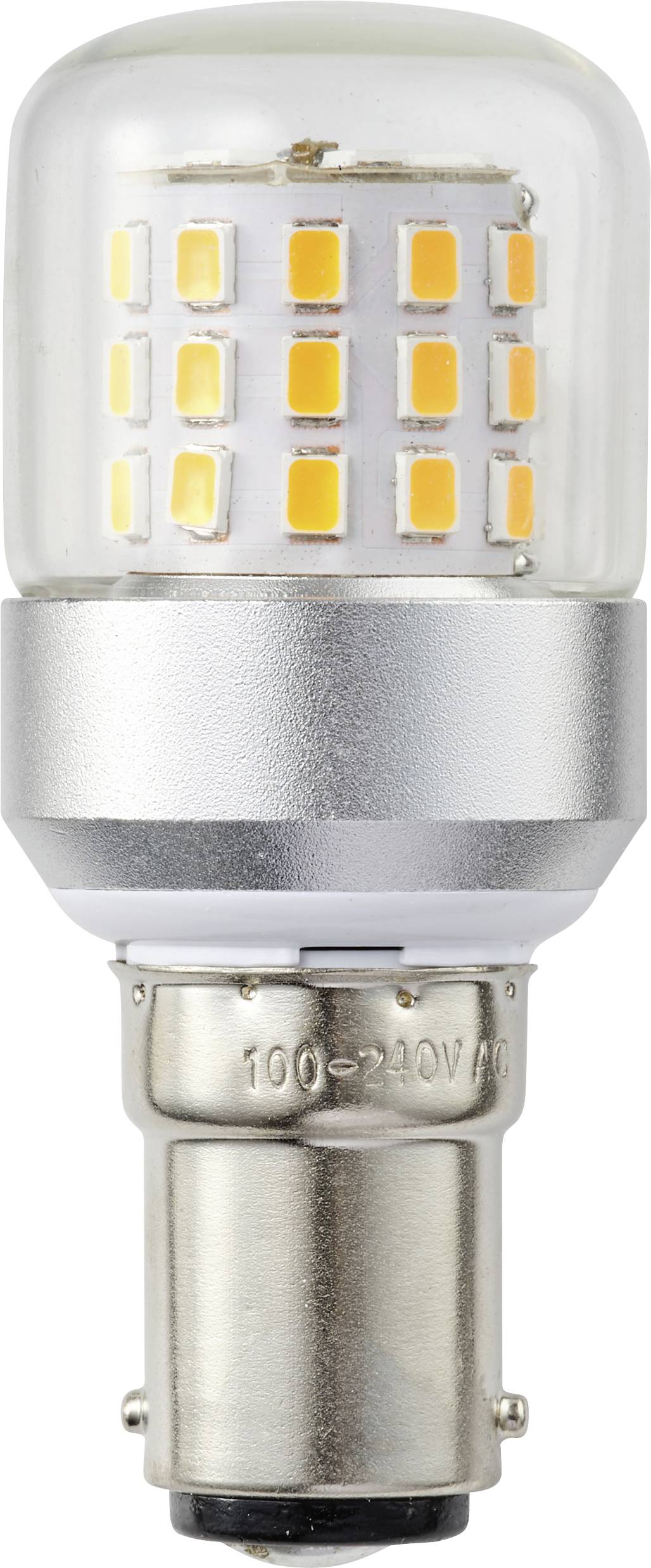 Eine LED-Glühbirne mit silberner Basis und zylindrischer Form, die mehrere kleine orangefarbene Lichtsegmente unter einer durchsichtigen Oberabdeckung aufweist.